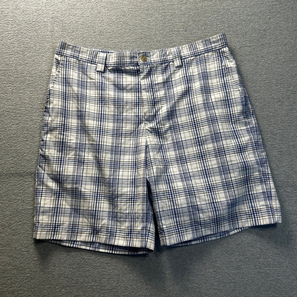 Izod PerformX Plaid Golf Shorts Mens 38 White Blue Checkered Flat‎ Front Casual